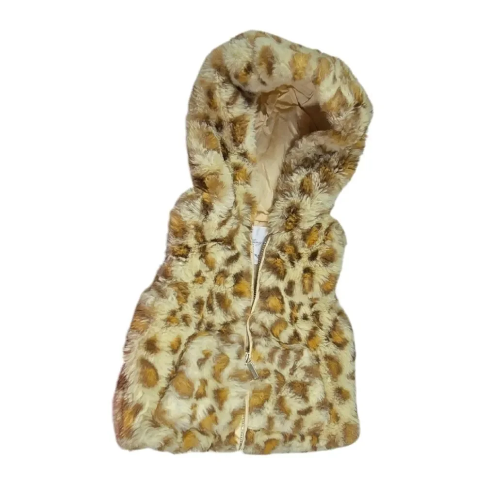 Leopard Print Faux Fur Baby Girls Vest 3M Newborn Hooded Sleeveless Zip Jacket
